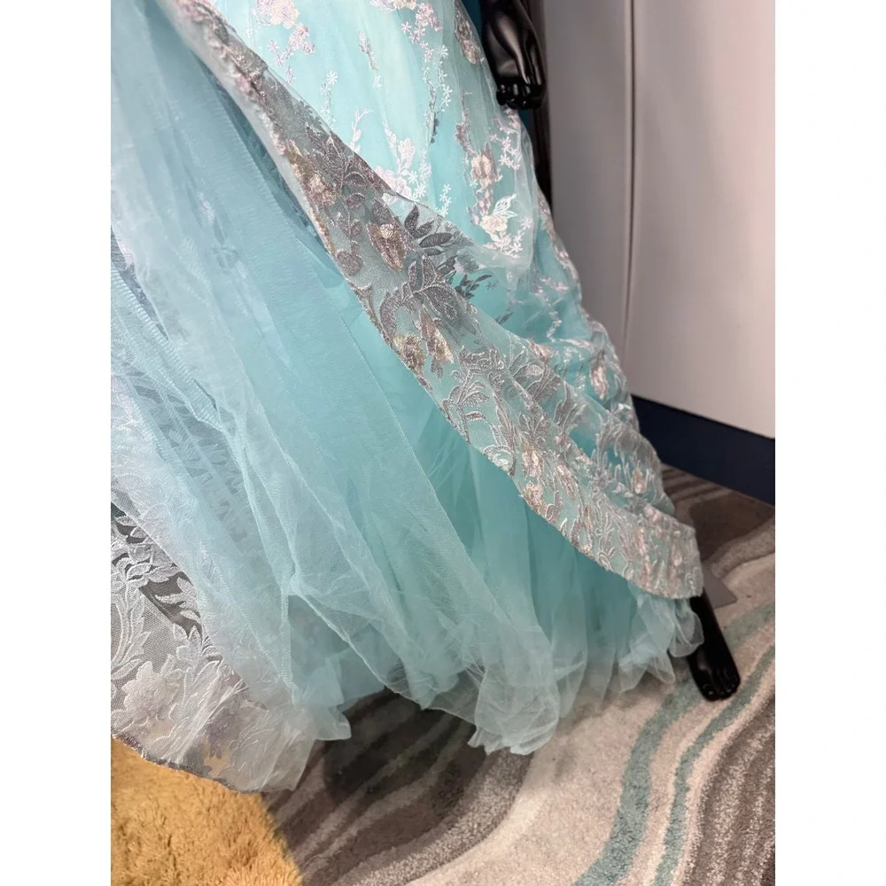 Morrell Maxie Size 4‎ Aqua White Floral Lace Off Shoulder Formal Gown - Picture 11 of 16